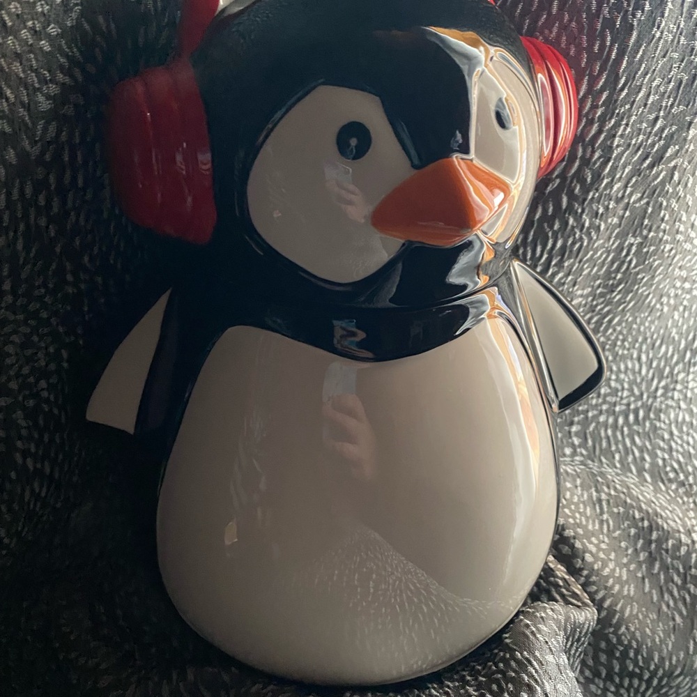 Penguin Cookie Jar with Red Headphones/Earmuffs - Picture 2 of 5
